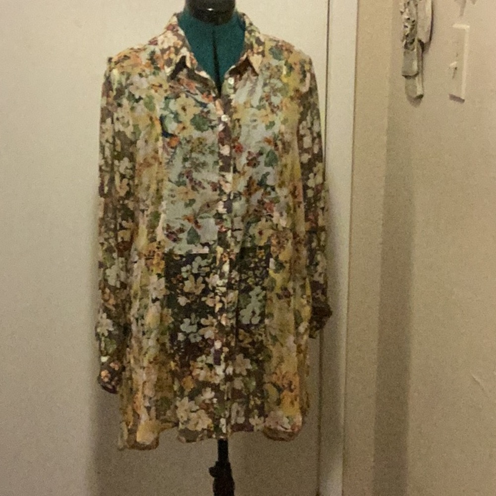 Womens Semi Sheer long Sleeve Tunic Fall Floral roll-tab Sleeves Lg